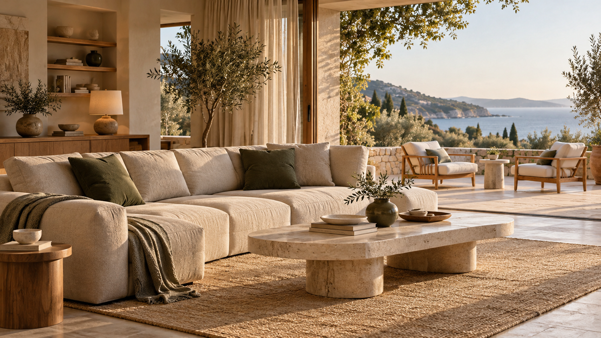 Concept interior with a neutral sofa opening onto a Mediterranean terrace